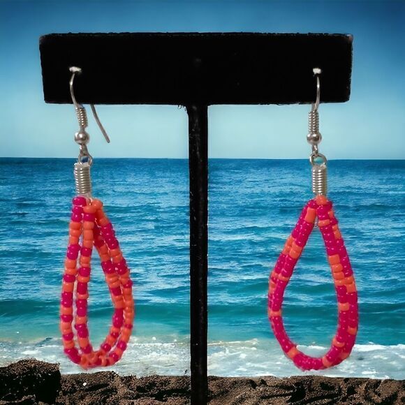 Seed Bead TearDrop Earrings Pink Coral Silver Tone Summer Festival Dangle Spring - Picture 11 of 16